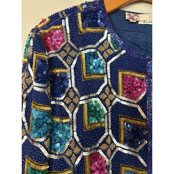 VTG i magnin 100% Silk Sequined Jewel Tone  Dress Coat by Judith Ann Creations L - Picture 7 of 16